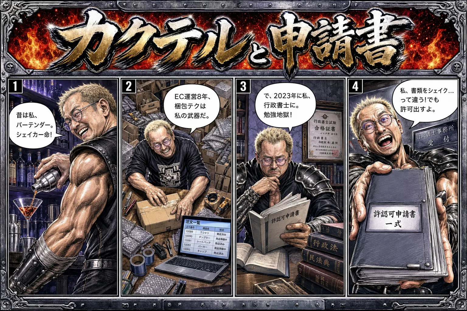 顔写真とプロフィールから生成した世紀末ハードボイルド漫画風の4コマ漫画例
