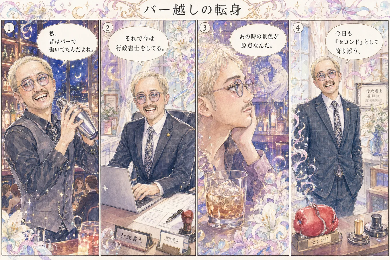 顔写真とプロフィールから生成した美少女漫画風（水彩画調）の4コマ漫画例